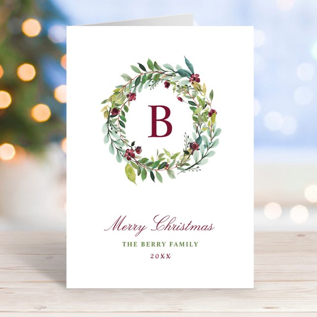 Elegant Winter Greenery Burgundy Monogram andedräk Helgkort (Skapare uppladdad)