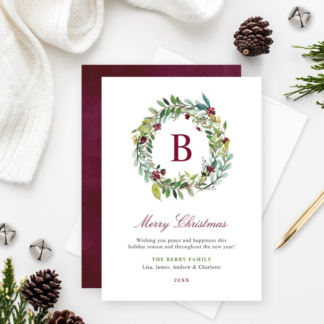 Elegant Winter Greenery Burgundy Monogram andedräk Julkort (Skapare uppladdad)