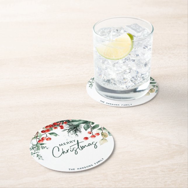 Elegant Winter Greenery God jul Underlägg Papper Rund (Insitu)