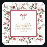 Elegant Winter Greenery & Holly Baby Shower Fyrkantigt Klistermärke<br><div class="desc">Lägg till en säsong-beröring till babyduschen med dessa klistermärken som har elegant vinter-grön och röd holly. Perfekt för förslutning av kuvert,  favoritpåsar eller dekorering av evenemanget. Matchande objekt i vår butik - Cava Party Design</div>