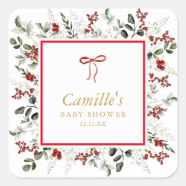 Elegant Winter Greenery & Holly Baby Shower Fyrkantigt Klistermärke