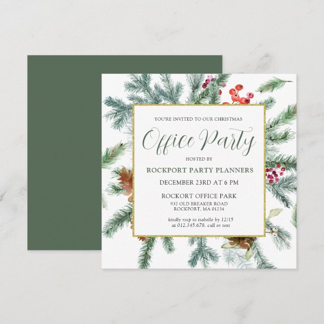 Elegant Winter Greenery Julkontoret Party Inbjudningar (Fram/baksida)