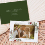 Elegant Winter Greenery Julkort<br><div class="desc">Sprid lite helgdag glädje med det här fotojulkortet som har en ram-design av julgrädden med Poinsettia,  julbär och vit ros.</div>
