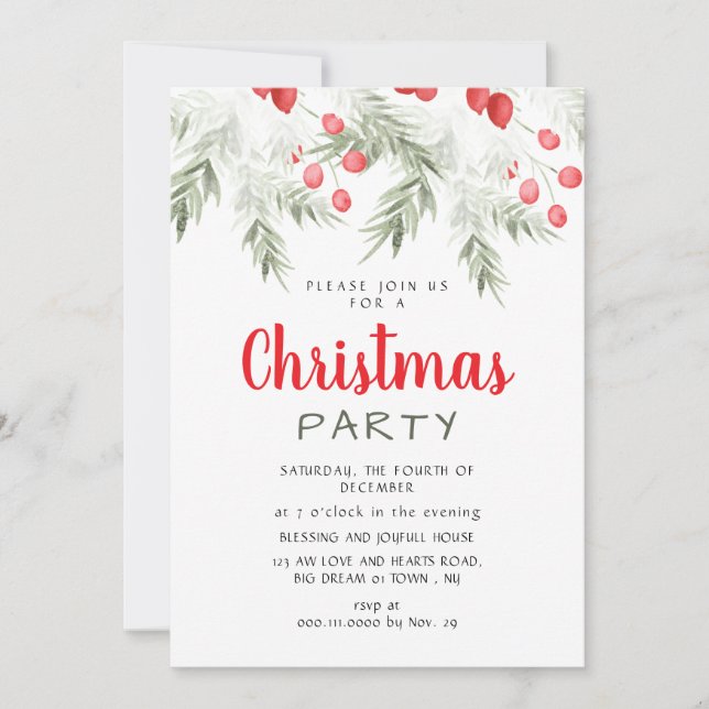 Elegant Winter Greenery Watercolor Christmas Party Inbjudningar (Framsida)