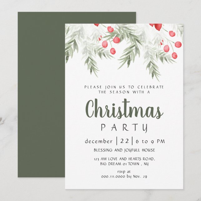 Elegant Winter Greenery Watercolor Christmas Party Inbjudningar (Fram/baksida)