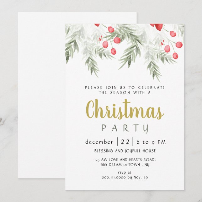 Elegant Winter Greenery Watercolor Christmas Party Inbjudningar (Fram/baksida)
