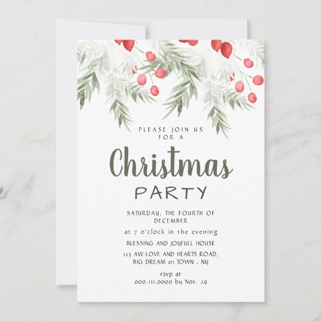 Elegant Winter Greenery Watercolor Christmas Party Inbjudningar (Framsida)