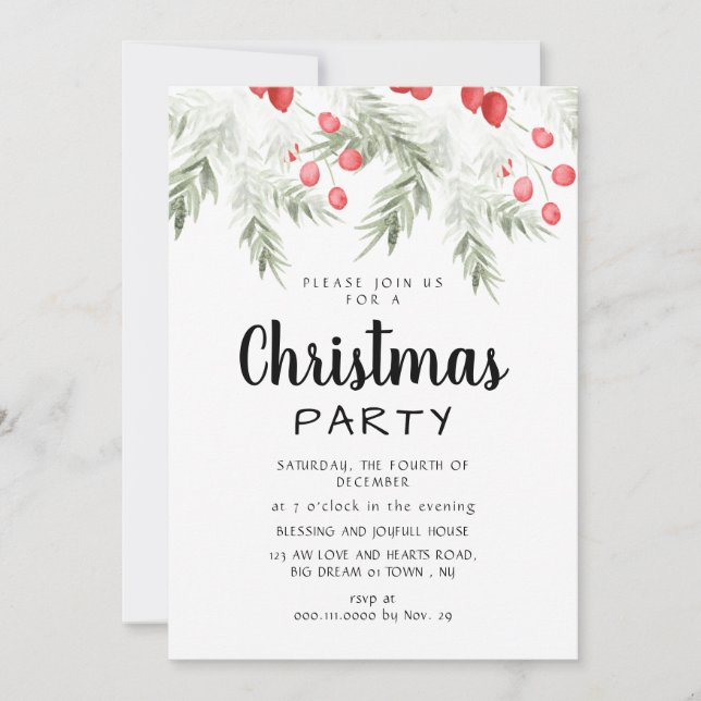 Elegant Winter Greenery Watercolor Christmas Party Inbjudningar (Framsida)