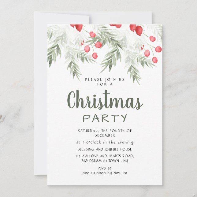 Elegant Winter Greenery Watercolor Christmas Party Inbjudningar (Framsida)