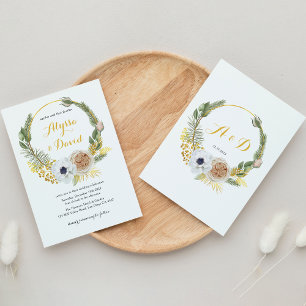 Elegant Winter Guld Blommigt Utandning Monogram Br Inbjudningar