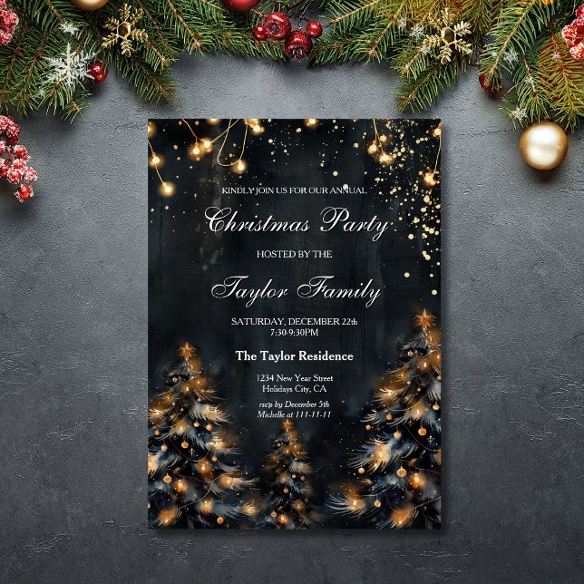 Elegant Winter Guld Glitter Julgran Party Inbjudningar (black christmas tree with gold glitter lights)
