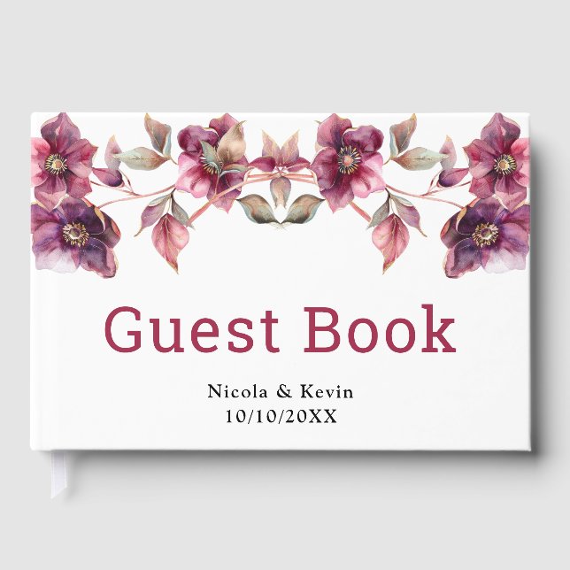 Elegant Winter Hellebore Floral Burgundy Wedding Gästböcker (Framsida)
