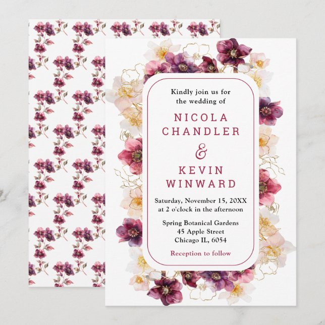 Elegant Winter Hellebore Floral Burgundy Wedding Inbjudningar (Fram/baksida)