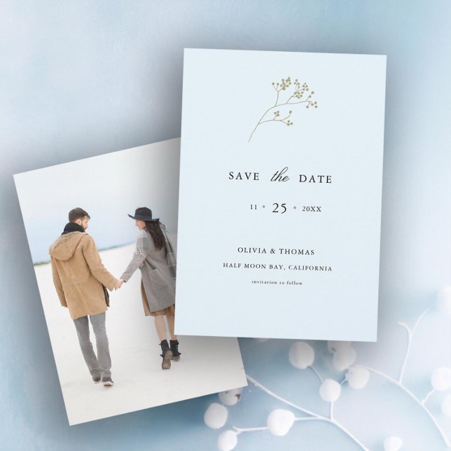 Elegant Winter Ice Photo Bröllop spara datum Inbjudningar (ice blue winter berries modern classic wedding invitation elegant classy stylish traditional formal)