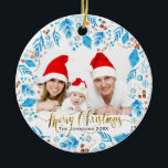 Elegant Winter Mönster Anpassningsbar Fotojul Julgransprydnad Keramik<br><div class="desc">Elegant blå vintern blad mönster omger ditt helgdag-foto med God jul i guld-bokstäver (ingen guld glitter används).</div>