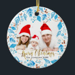 Elegant Winter Mönster Anpassningsbar Fotojul Julgransprydnad Keramik<br><div class="desc">Elegant blå vintern blad mönster omger ditt helgdag-foto med God jul i guld-bokstäver (ingen guld glitter används).</div>