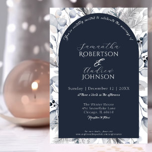Elegant Winter Navy Blue Botanical Arch Bröllop Inbjudningar