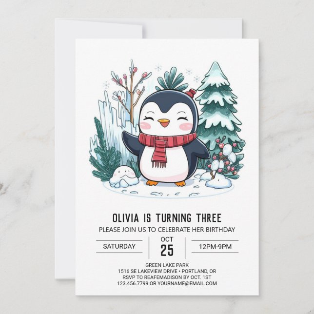 Elegant Winter Penguin Digital Birthday Inbjudningar (Framsida)