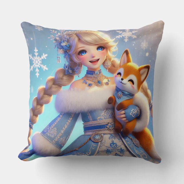 Elegant Winter Princess Holding a Cute Fox Kudde (Framsida)