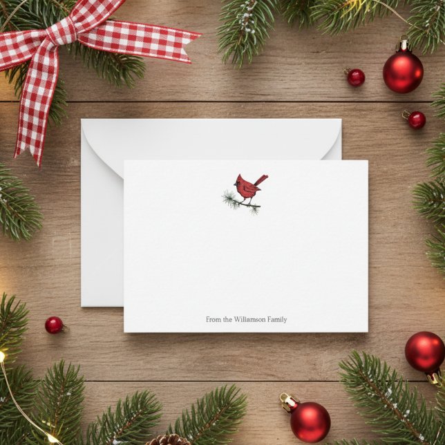 Elegant Winter Red Cardinal Bird Family Anteckningskort (Elegant Simple Red Cardinal Perched on a Pine Branch Winter Note Card. Hand Drawn Red Bird in Nature)
