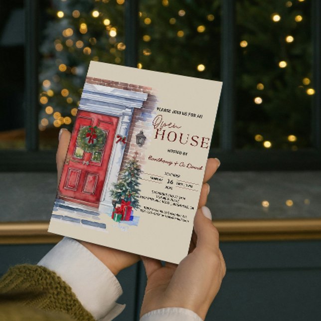 Elegant Winter Red Door Logotyp Open House-jul Inbjudningar (Elegant Winter Red Door Logo Open House Christmas Invitation organizing corporate or community )