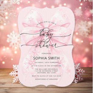 Elegant Winter Rosa Bow Girl Baby Shower Inbjudningar