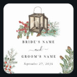 Elegant Winter Rustic Gräs Träd Lantern Bröllop Fyrkantigt Klistermärke<br><div class="desc">Ett vintertema: elegant, gräs träd och bröllop. En färgstark jultomtedesign som innehåller rustik vattenfärg gräs grenar, gräs-koner för att skapa en elegant vinterbröllopsdesign. En elegant botanisk perfekt för alla som skogarna i kärlek gräs och vintern. En elegant vintern rustik i gräs träd tog upp bröllop-dekaldeskonstruktionen med modernt inslag. Det finns...</div>