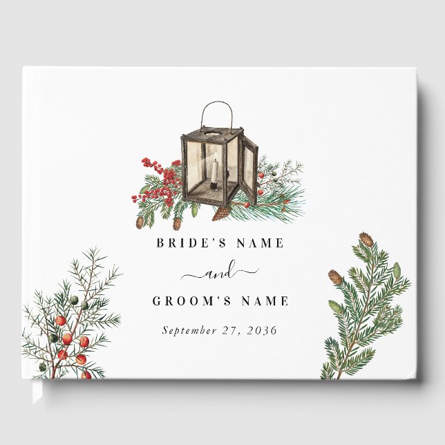 Elegant Winter Rustic Gräs Träd Lantern Bröllop Gästböcker (Framsida)