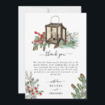 Elegant Winter Rustic Gräs Träd Lantern Bröllop Tack Kort<br><div class="desc">Ett vintertema: elegant, gräs träd och bröllop. En färgstark jultomtedesign som innehåller rustik vattenfärg gräs grenar, gräs-koner för att skapa en elegant vinterbröllopsdesign. En elegant botanisk perfekt för alla som skogarna i kärlek gräs och vintern. En elegant vintern rustik i gräs träd tog upp bröllop tack för att ni tog...</div>