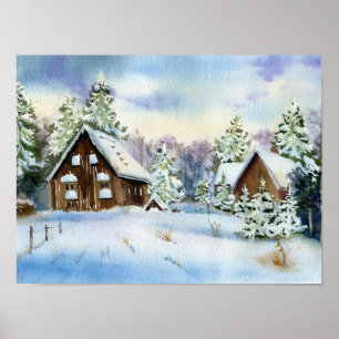 Elegant Winter Snö Effect House Forest Landcape Poster