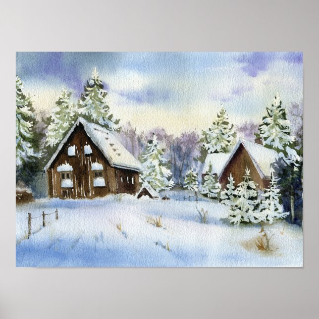 Elegant Winter Snö Effect House Forest Landcape Poster (Framsidan)