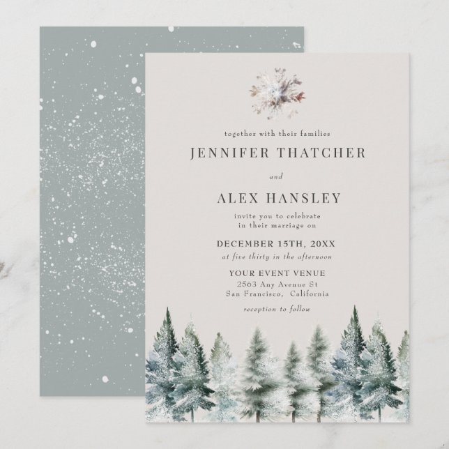 Elegant Winter Snö | Julbröllop - inbjudan (Fram/baksida)