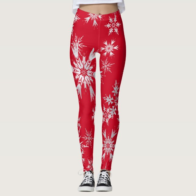 Elegant Winter Snöflingor | Röd bakgrund Leggings (Framsida)