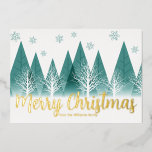 Elegant Winter Träd Anpassningsbar God jul Guld<br><div class="desc">En elegant av vinterfir träd och snöflingor ovanför ditt personlig God jul-skript och ditt familjs efternamn i vackra guld-folie nedanför snö-fyllda grönten. Ett modernt helgdag-kort med ditt anpassningsbar-meddelande.</div>