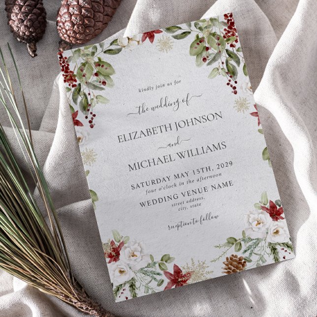 Elegant Winter Watercolor Botanical Script Bröllop Inbjudningar (Winter Wedding Invitation)