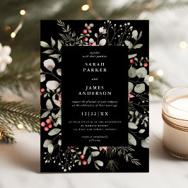Elegant Winter Watercolor Greenery Black Bröllop Inbjudningar