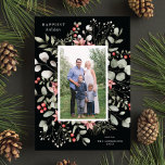 Elegant Winter Watercolor Greenery Black Photo Julkort<br><div class="desc">This elegant and festive holiday photo card features a beautiful watercolor wreath of holly, eucalyptus, and berries over a chic black background. The editable greeting on the front says "Happiest Holidays". The back of the card is a coordinating foliage pattern, which can be removed if desired. You can also add...</div>