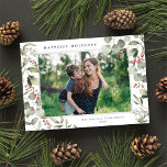 Elegant Winter Watercolor Greenery Botanical Photo Julkort<br><div class="desc">Det här helgdag i eleganten har ett enda fotokort i vågrät som är inramat av vackra eucalyptus, holly och bär över en klassisk vit bakgrund. Den redigerbara hälsning på framsidan säger: " Lycka till Helgdagar". Kortets baksida är en fin röd bakgrund som du kan lägga till ytterligare ett foto och/eller...</div>
