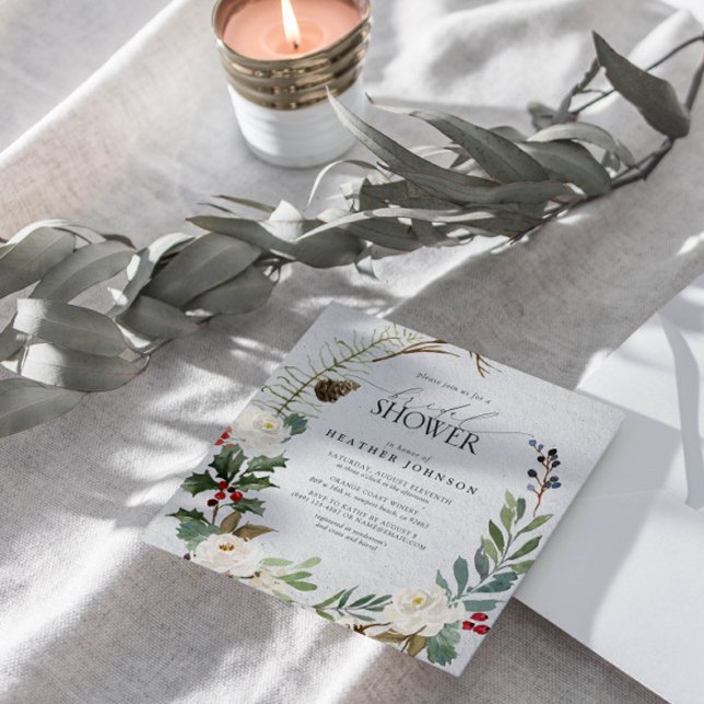 Elegant Winter Watercolor Greenery Möhippa Inbjudningar (Join us in a wonderland of botanical bliss to shower the bride-to-be.)
