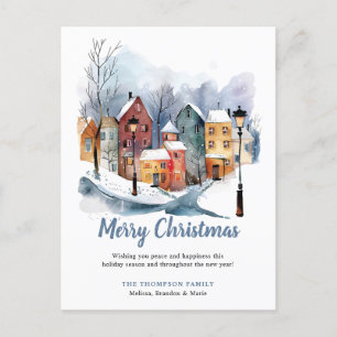 Elegant Winter Watercolor Houses Blue jul Helg Vykort