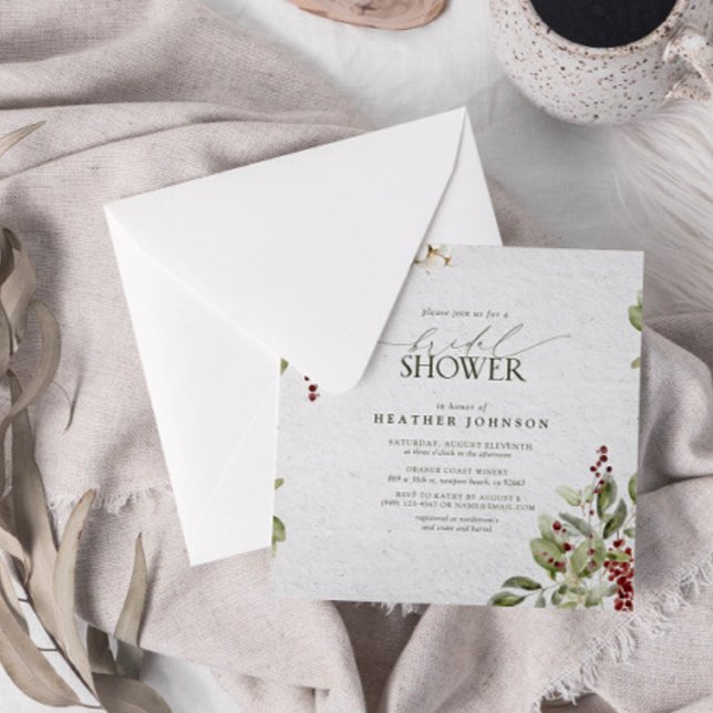 Elegant Winter Watercolor Red Berry Möhippa Inbjudningar (Join us in a winter wonderland of botanical bliss to shower the bride-to-be.)