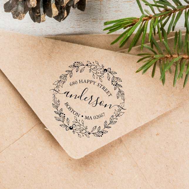 Elegant Winter Wearing Adress Stämpel (Elegant Winter Wreath Address Rubber Stamp)