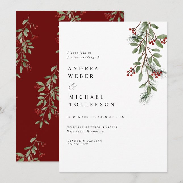 Elegant Winter Wedding Burgundy Greenery bjudande Inbjudningar (Fram/baksida)