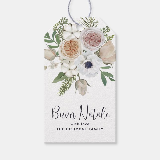 Elegant Winter White Blommigt Buon Natale Gift Mär Presentetikett (Framsidan)