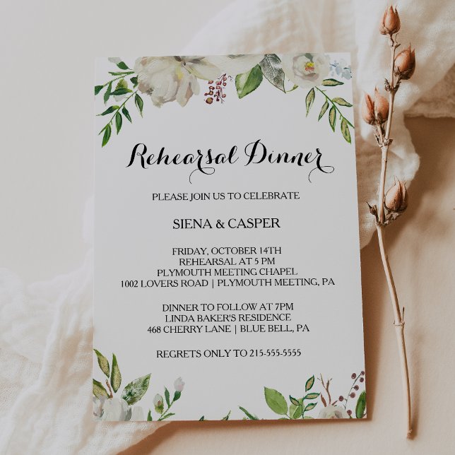 Elegant Winter White Peony Rehearsal Dinner Inbjudningar (Skapare uppladdad)
