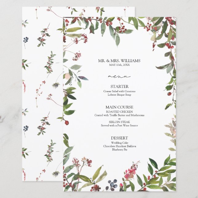 Elegant Winter Wildblommry Berry Bröllop Menu (Fram/baksida)