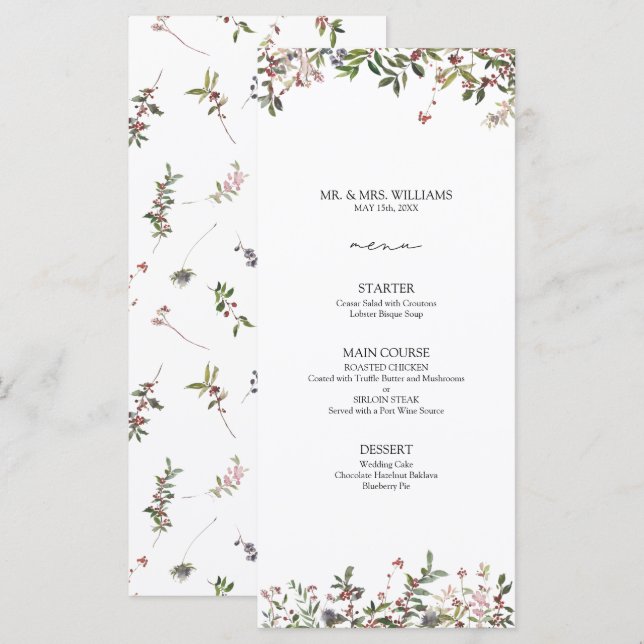 Elegant Winter Wildblommry Berry Bröllop Menu Meny (Fram/baksida)