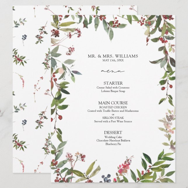 Elegant Winter Wildblommry Berry Bröllop Menu Meny (Fram/baksida)