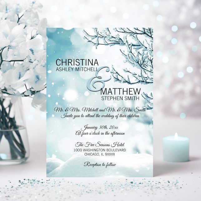 Elegant Winter Wonderland Snö Snöflingor BRÖLLOP Inbjudningar (Elegant Winter Wonderland Snow Snowflakes WEDDING Invitation)