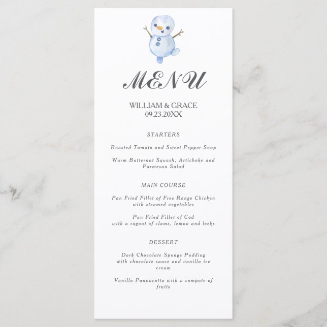 Elegant Winter Wonderland Snöflingor bröllop Meny (Framsida)